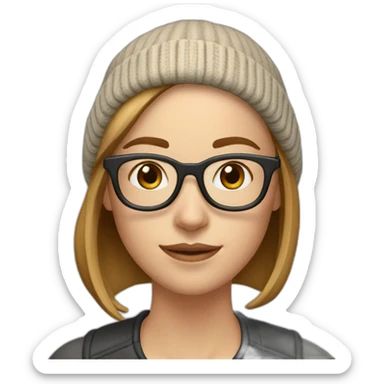 30 year old white woman short straight light brown hair with a beanie on her heard and glasses sticker
