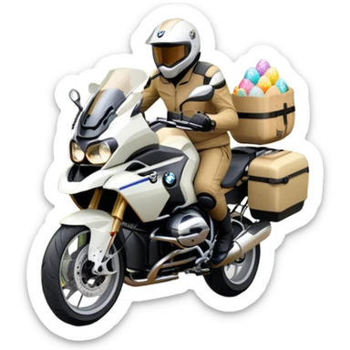 BMW RT1200 LC touring motorcycle with rider on open road in a forest with easter eggs sticker