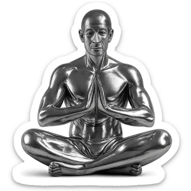 metallic chrome figure of a man meditating in the lotus position, serene and peaceful sticker