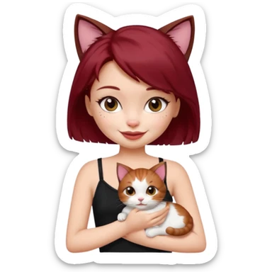 generate a pretty bratz girl with short dark red hair holding a cat smiling. Wearing a black cami sticker