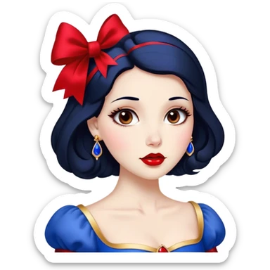 Cinematic Stunning Snow White Portrait Emoji, Fair skin glowing like porcelain, ruby-red lips, deep brown eyes full of kindness, raven hair framed by her iconic red bow, wearing her royal blue and gold gown, exuding timeless beauty and grace! sticker