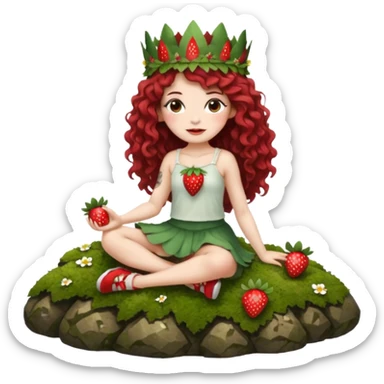 full body woman long curly brown hair brown eyes white skin tattoos sitting on moss rock wearing strawberry crown and short petal skirt sticker