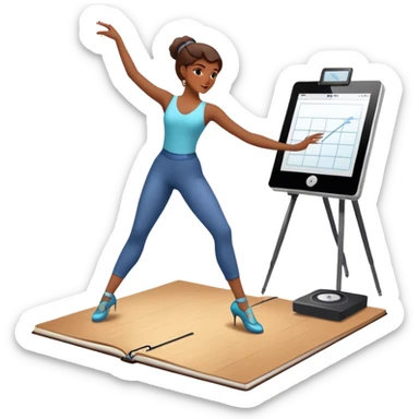 Icon for Choreography: a dance studio floor with a choreographer demonstrating movements, a dance notebook, and a metronome. The icon should capture the creative and structured process of choreographing dances. Transparent background. sticker