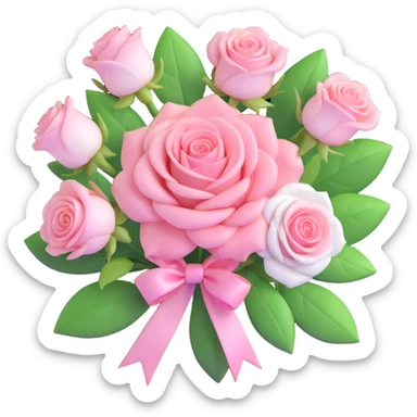 romantic bouquet of roses with green leaves, glossy, pastel pink and white petals, modern and fresh, elegant ribbon sticker