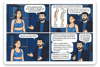 TRASFORMA QUESTO CAROSELLO IN UN FUMETTO CON QUESTE DUE PERSONE IDENTICHE CHE INTERLOQUISCONO TRA LORO:

Ho la cellulite anche se mi alleno e mangio bene, cosa posso fare?

Hai controllato il tuo baricentro corporeo?
Sapevi che se il peso del tuo corpo cade in avanti o da un lato, c’è un disallineamento fra bacino e torace, che comprimendo le coste, limita la motilità del diaframma e l’ossigenazione dei tessuti?
Il mio è il primo e unico percorso che lavora sugli inestetismi con un lavoro mirato sul baricentro corporeo.

Smettila di continuare ad allenarti come hai sempre fatto perché, oltre ad inestetismi visibili, corri un aumentato rischio di:
    • dolori e rigidità diffuse
    • disturbi pavimento pelvico
    • stanchezza cronica o insonnia
    • pancia gonfia e reflusso (bruciore)
    • etc…


Quindi cosa devo fare?
Commenta, qua sotto, con “simmetria” e ti mando un esempio del lavoro da fare. Lo stesso sistema con cui ho aiutato migliaia di persone, fra cui centinaia di donne a risolvere definitivamente gli inestetismi.
Metterei il prima e dopo

Se vuoi che ti aiuti personalmente
SCRIVIMI IN DIRECT sticker