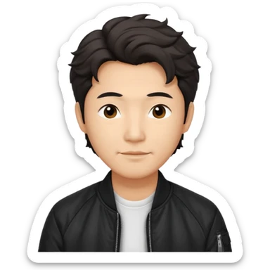 Handsome and mature Asian guy wavy hair, dressed cool in black bomber jacket, demure but with a smirk  sticker