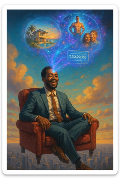 Un uomo sorridente e radioso, in abito elegante ma rilassato, seduto su una poltrona di velluto rosso fluttuante nel cielo sopra una città moderna. Dal suo terzo occhio (sulla fronte) si sprigiona un ologramma cosmico che mostra le sue visualizzazioni: una villa sul mare, un conto bancario con cifre infinite, un corpo atletico e persone felici intorno a lui sticker