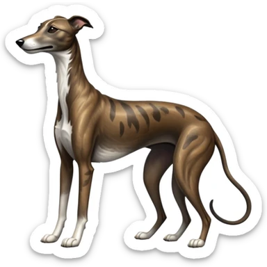 cinematic-[brindle greyhound]-realistic-full-body-sitting-emoji,-tail-resting-loosely-beside-its-paws,-head-tilted-dramatically, -sleek-[dark brindle]-fur,-simplified-yet-realistic-focused-features,-highly-detailed,-glowing-with-an-almost-sarcastic-glow sticker