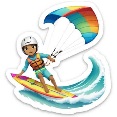 A vibrant kite soaring high in the sky, attached to a kiteboarder riding the waves below. The scene is filled with bright colors, capturing the energy of the sport. The background features the ocean, wind-blown waves, and a clear sky, showcasing the excitement and freedom of kiting. sticker
