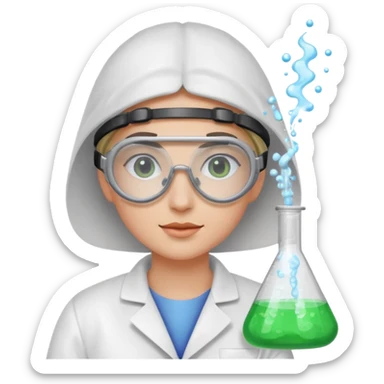 A person wearing safety goggles and a white coat is experimenting with chemicals. sticker