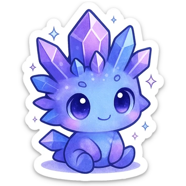 kawaii chibi style crystal sprite creature, purple, blue, and pink, sitting pose, cute and magical sticker
