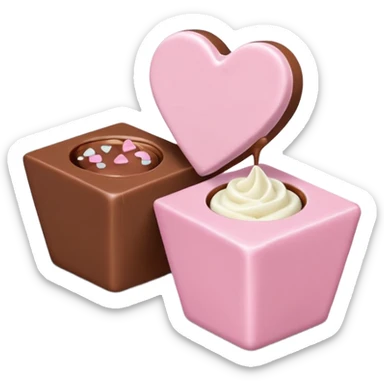 Two square milk chocolate 2 pralines only, Each praline is a sharp-edged cube with smooth glossy chocolate coating, placed in a small white fluted paper candy cup. On top of each cube is a flat pastel pink heart-shaped icing, thin and smooth, slightly translucent, with fine sugar crystal sparkle. sticker
