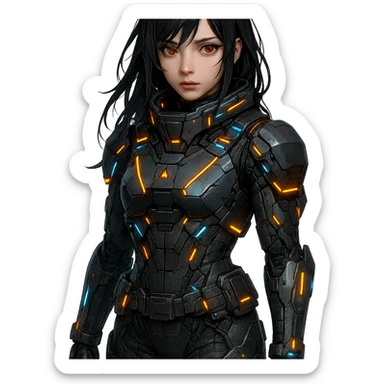 dark-haired, red-eyed girl in a sci-fi military uniform with glowing accents, futuristic, high-tech, detailed sticker