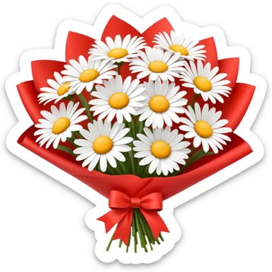 bouquet of daisy with red bow and red wrapping paper sticker