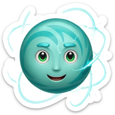 Uranus planet emoji in Apple style, blue-green color with visible swirling rings, playful, fun, and excited face, bold lightning bolts around, radiating electric, chaotic, and unexpected energy, expressive features sticker