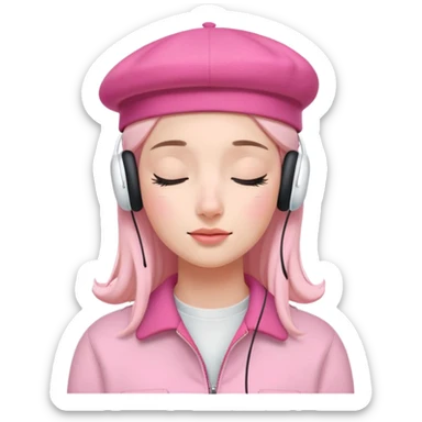 girl wearing a pink beret and AirPods Max headphones, listening to music with closed eyes sticker