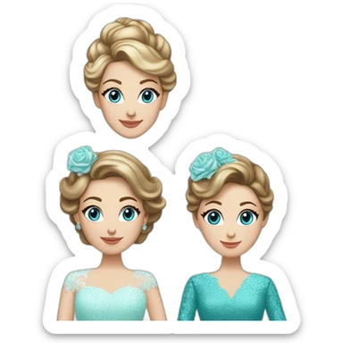 Bride with brown hair into a bun, blue eyes and a lace dress. Mother of the bride with long blonde curls and a turquoise sequined dress with sleeves. sticker