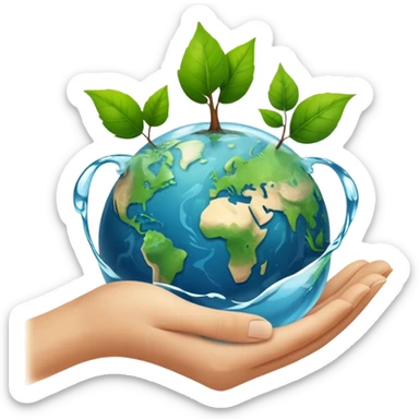 An icon featuring a green leaf, Earth held in hands, and a recycling symbol, symbolizing ecology. The design includes trees, clean water, and animals, representing environmental protection, sustainability, and ecosystems. Transparent background highlights the science of nature and conservation. sticker