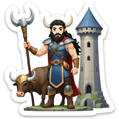 vikingo con armadura de Asgard, con cuerno de vaca, pelo negro ondulado, de pie, grito de guerra en torre de Asgard. sticker