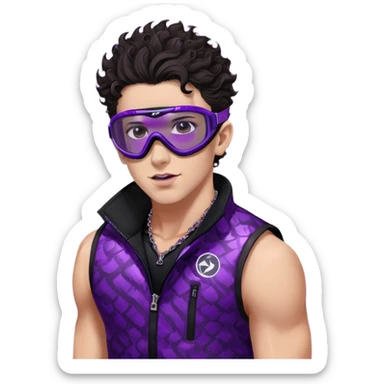 close-up of bad guy male athlete with white skin and moderately curly dark brown hair on top with shaved sides, wearing ski goggles with purple frames and very dark black lenses, a simple plain black chain necklace, and a completely unzipped sleeveless vest with purple and black sequin fire pattern design with no logo, pulling his tongue out very far in an exaggerated mocking gesture, looking menacing and villainous sticker