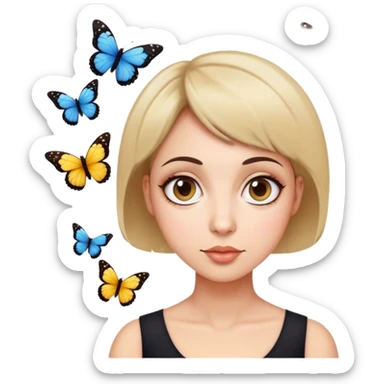 Mujer de 40 años pelo corto con ojos grandes y nariz redondita y unas mariposas al rededor  sticker