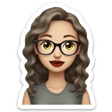 23 years old girl
long a bit wavy brown hair
light skin
red lipstick
glasses with thin frame
grey/green eyes
long eyelashes and cat eyes
black silk shirt  sticker