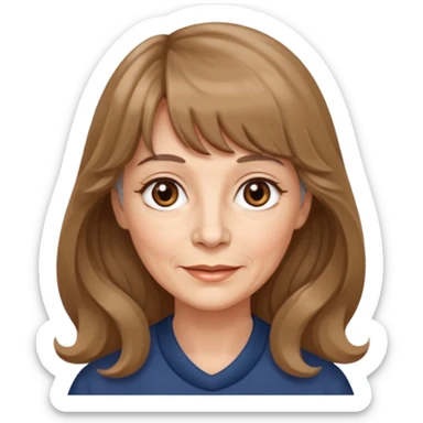 60 yr old woman, very small brown eyes, long wavy light brown hair, bangs,  sticker