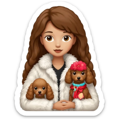 A girl with a long brown straight hair and wearing a fur white jacket holds a brown poodle sticker