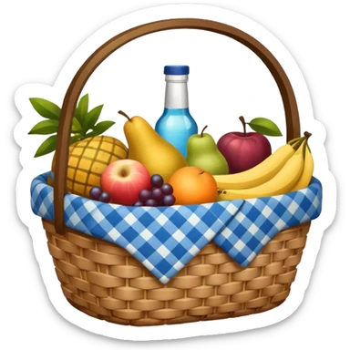 blue plaid lining basket with both food, drink and fruits sticker