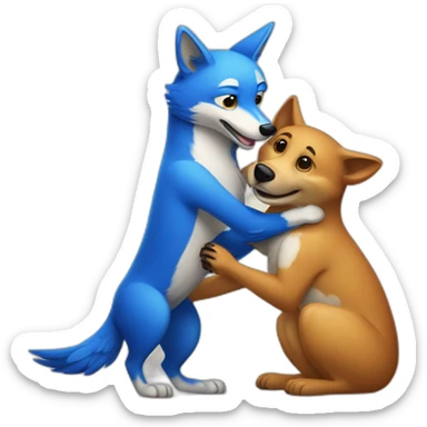 Anthropomorphic dingo giving an anthropomorphic blue bird a hug sticker