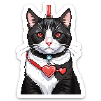 tuxedo cat with red leash and heart pendant, white fur only on mouth, small diamond spot above nose sticker