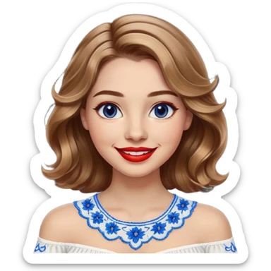 Cheerful woman with clear skin, round face, wide friendly smile, big light brown eyes, vibrant red lipstick, shoulder-length wavy dark blonde hair with light highlights, white top with blue embroidery and electric blue neckline sticker