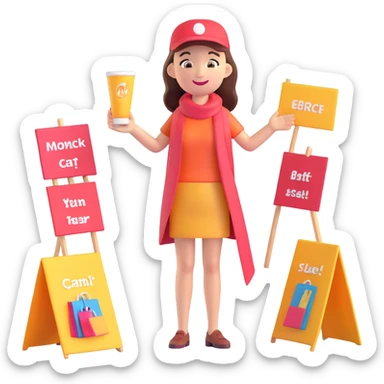 woman enthusiastically promoting a product to a group of customers outdoors, with banners and product samples sticker