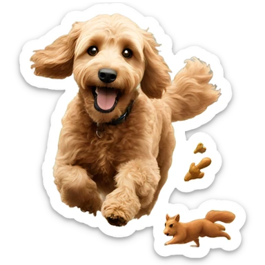 Mini goldendoodle chasing squirrel sticker
