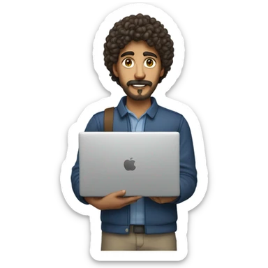 no glasses, Mexican school IT technician with apple laptop and with curly hair and mustache and beard  sticker