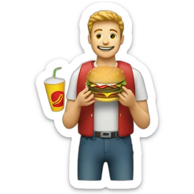 a man eating burger and Macdonald logo sticker