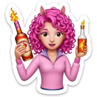 Pink Unicorn curly hair with bottle fireball whiskey dancing  sticker