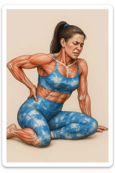 Realistic anatomical illustration of a woman in sportswear inspired by the reference photo, sitting on the ground with one hand on the hip and the other on the back, highlighting muscles and joints involved, expression of pain, neutral background. sticker