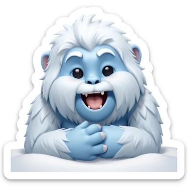 Cinematic Cute Yawning Yeti Portrait Emoji, with a charming, fluffy, snow-dusted figure in gentle whites and cool blues, head tilting back in a wide, endearing yawn with softly closed, peaceful eyes and a content little smile, simplified yet irresistibly adorable, highly detailed with a soft, frosty glow and outline capturing the serene slumber of a yeti! sticker
