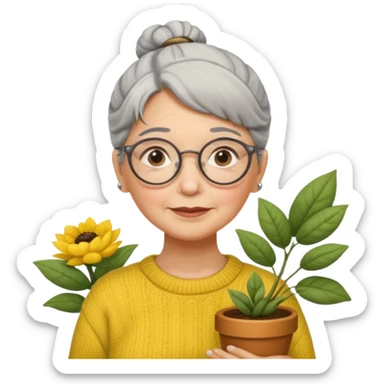 Abuela con cabello canoso en moño, expresión tierna, gafas redondas, suéter amarillo y detalles relacionados con plantas. Estilo amable y acogedor. sticker