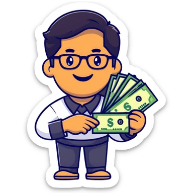 Indian finance bro with glasses, smiling, holding a stack of money, cartoon sticker sticker