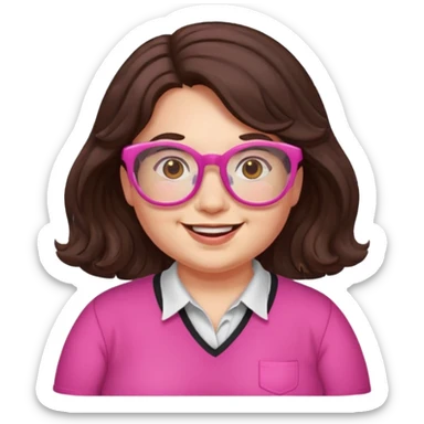 chubby English teacher, happy, wearing pink glasses, wavy long dark brown hair, face only, gamer vibe, classroom background, emoji style, for online classes sticker