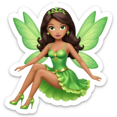 Pretty thick Barbie girl with caramel skin. Dark brown hair and brown eyes. She has freckles. Wearing sexy makeup. Wearing a green fairy costume and heels and flying sticker