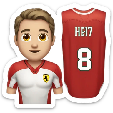 a young white man with no beard and very short dark hair and brown eyes in a red ferrari jersey sticker