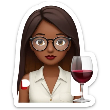 a woman with dark skin.
She has long, straight brown hair. with wine ombré hair 
He wears black-framed glasses. vintage oval.
She wears a white sleeveless blouse. sticker