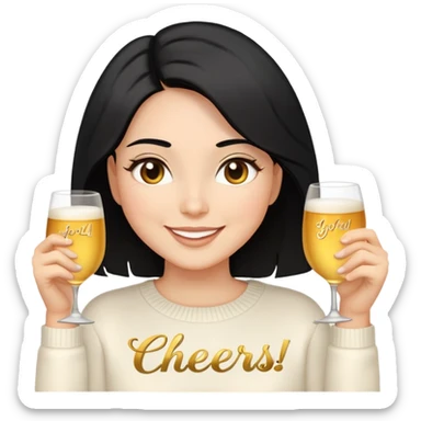 A woman with shoulder-length black hair, light to medium skin tone, full cheeks, and almond-shaped eyes, wearing a white sweater with the word 'cheers' in gold script, lying comfortably on a bed with soft lighting, joyful and radiant expression, emoji style, no drinks. sticker