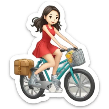 Taiwanese girl with lazy hairstyle wearing red dress and converse shoes riding bicycle and listen music wearing earphone sticker