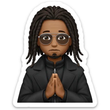 African American man with shoulder length black dreadlocks  wearing black sunglasses wearing a black winter coat praying sticker