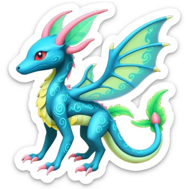 Colorful bioluminescent translucent ornate glowing neon Salandit-Tropius-Flygon-Sylveon-Umbreon-fusion-Pokémon-hybrid-creature  sticker