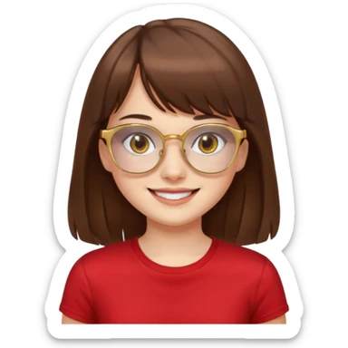 chica con piel blanca sonriendo, ojos marrones y pelo marrón largo hasta la cintura con flequillo y lentes dorados con remera roja. sticker